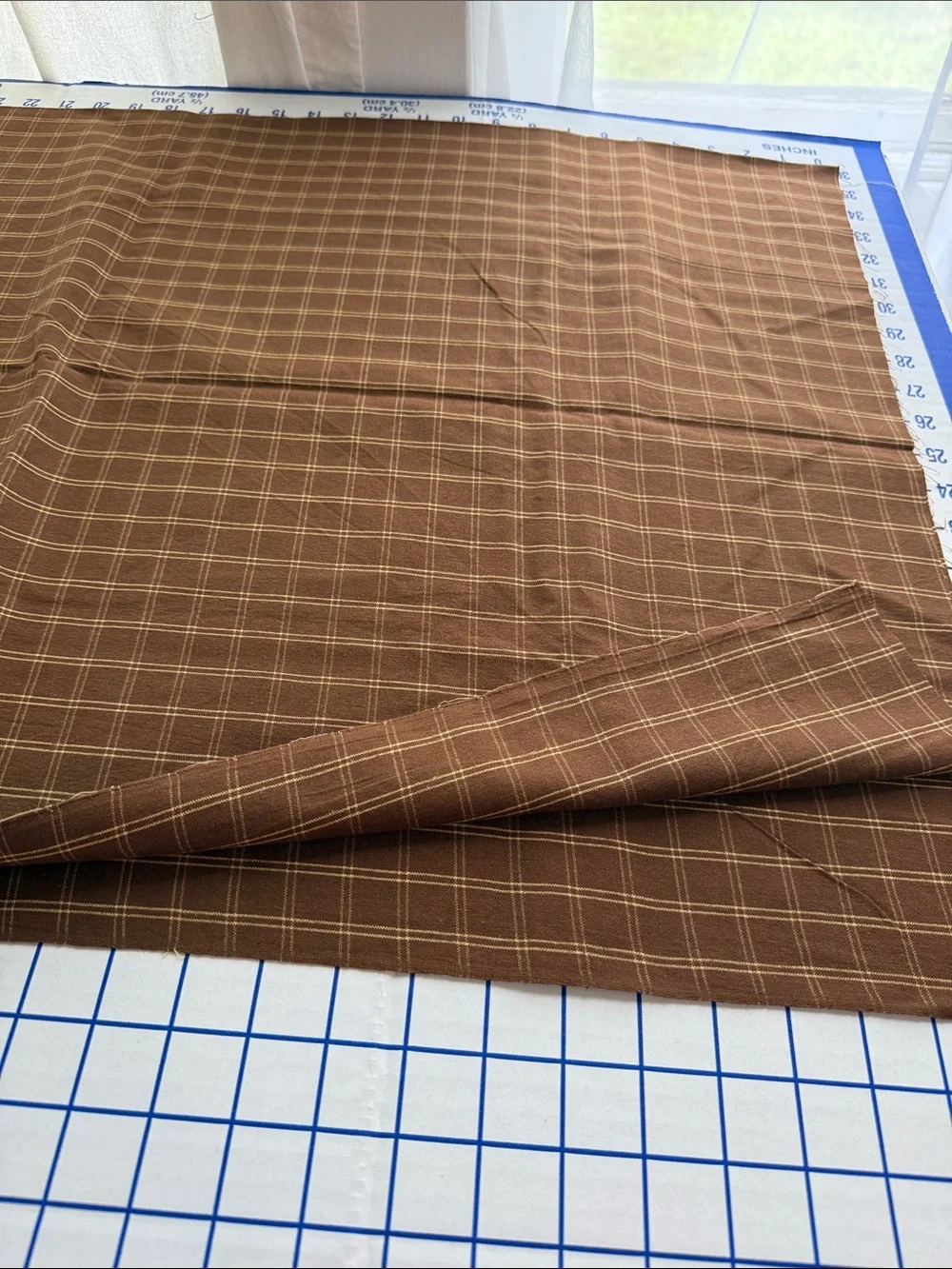 Vintage Brown Windowpane Plaid Homespun Style Fabric 1 Yard x 44” Rustic Cotton
